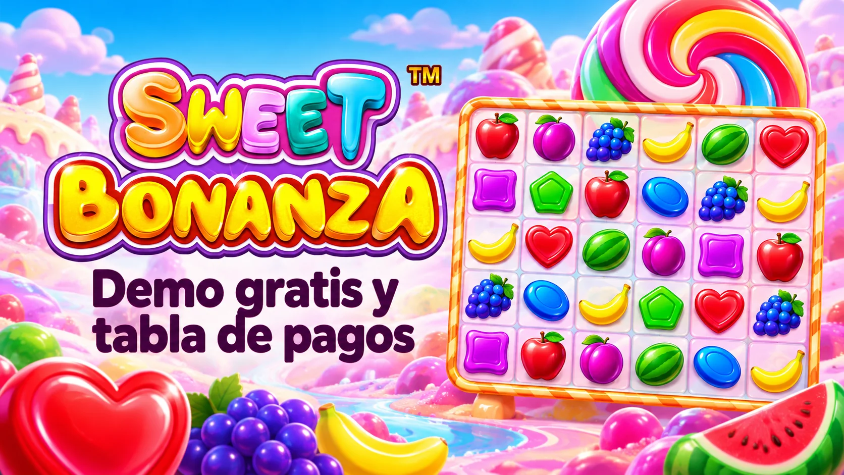 Cuadrícula de Sweet Bonanza con frutas, caramelos y demo gratis